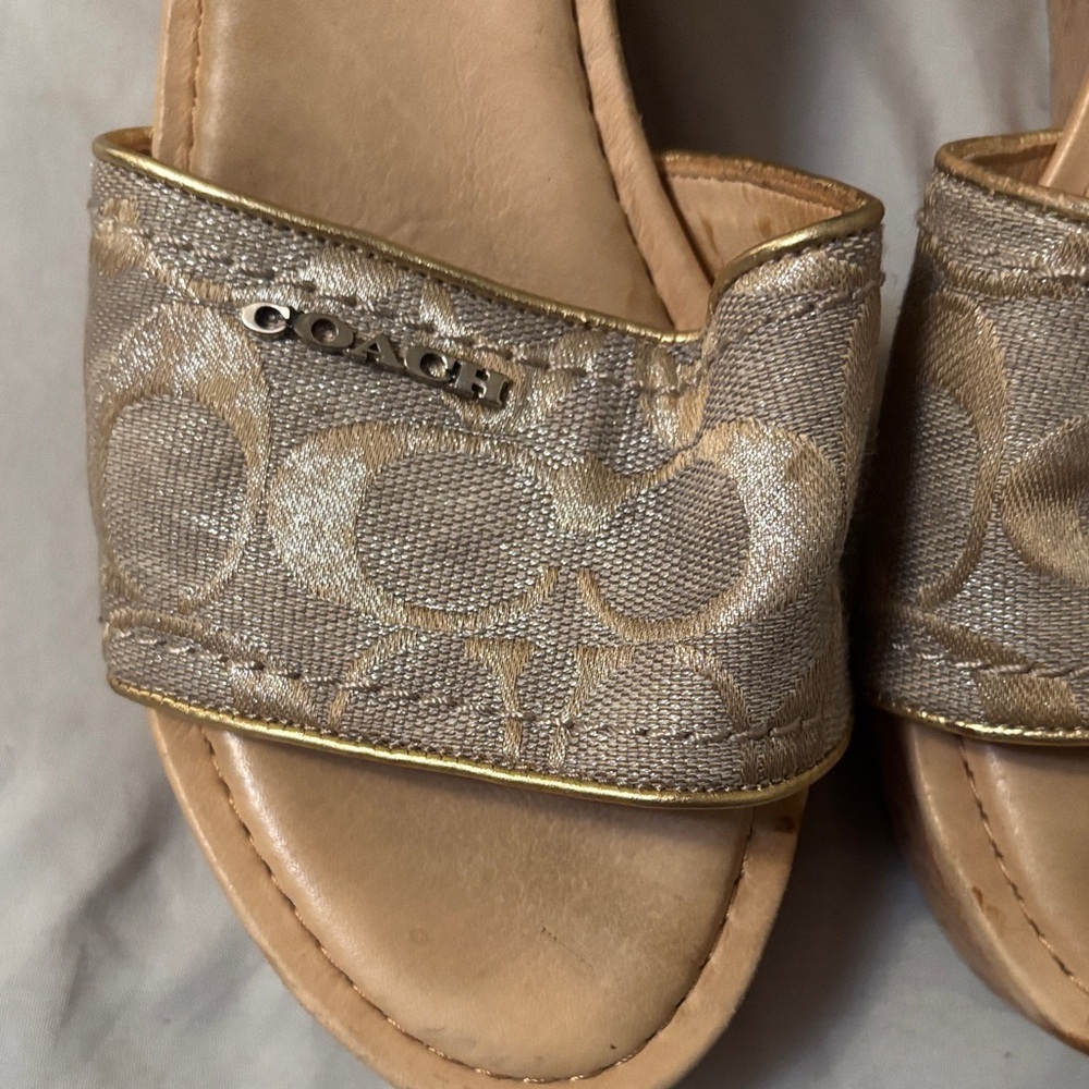 Coach Joanne Metallic Gold & Beige Signature Slide Mules - Picture 5 of 9